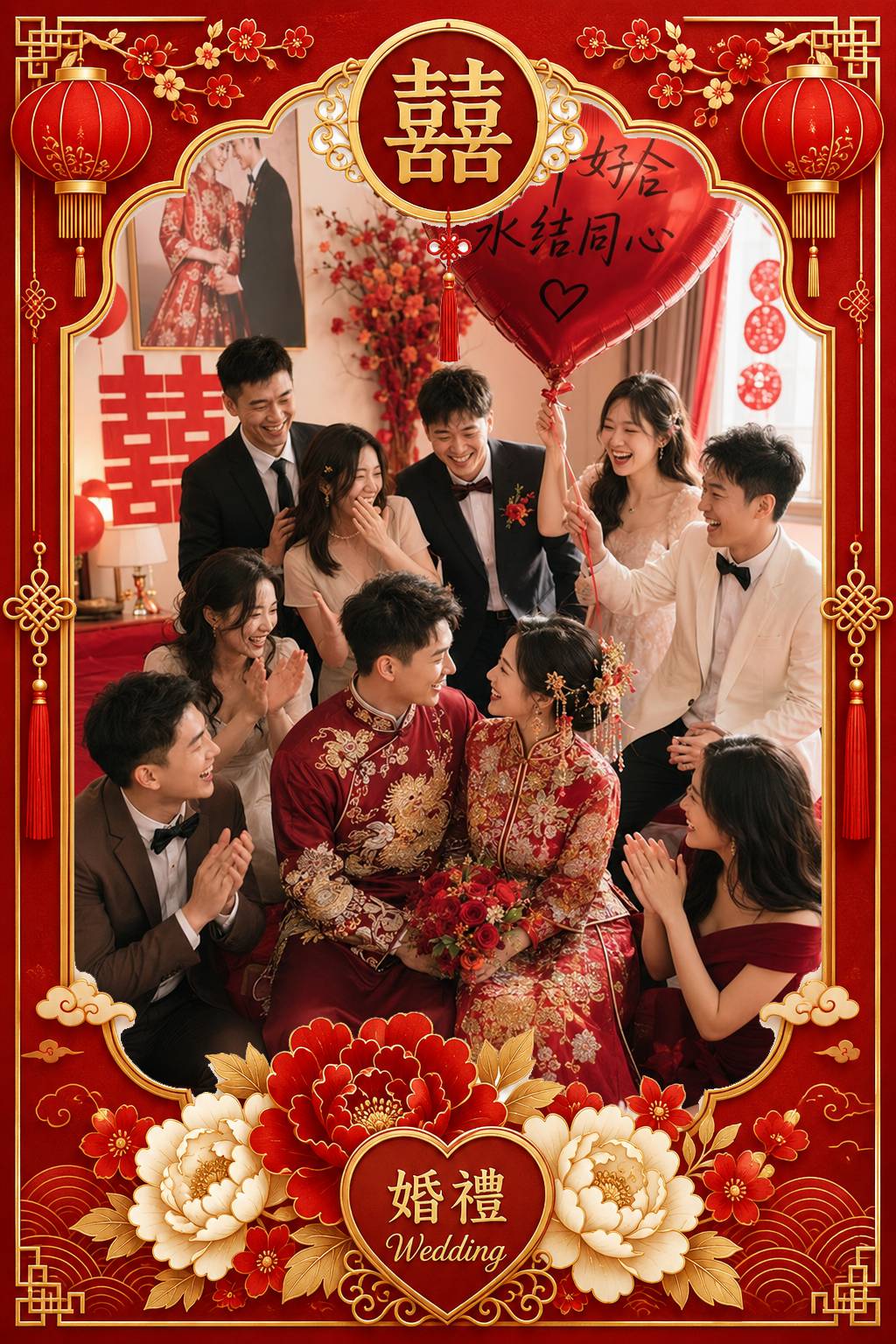 中式喜氣紅金婚禮拍貼版型