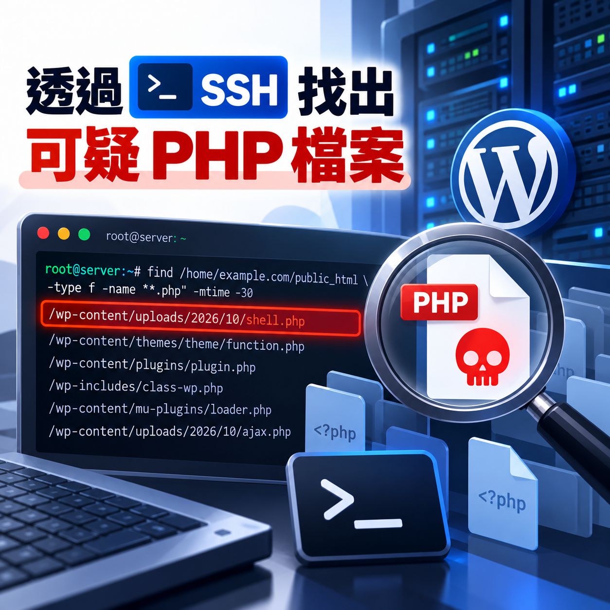 2026 UpdraftCentral 資安事件,WordPress 中毒怎麼辦?惡意程式清除、後門排查與網站監控操作紀錄 透過 SSH 找出可疑 PHP 檔案